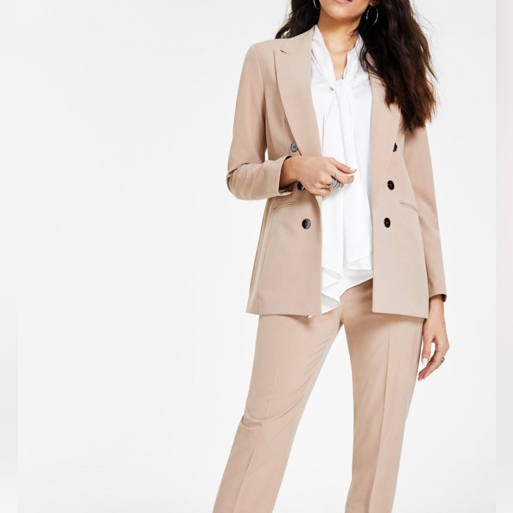 Faux DoubleBreasted Jacket, Tie-Neck Satin Blouse & Straight-Leg Dress Pants,